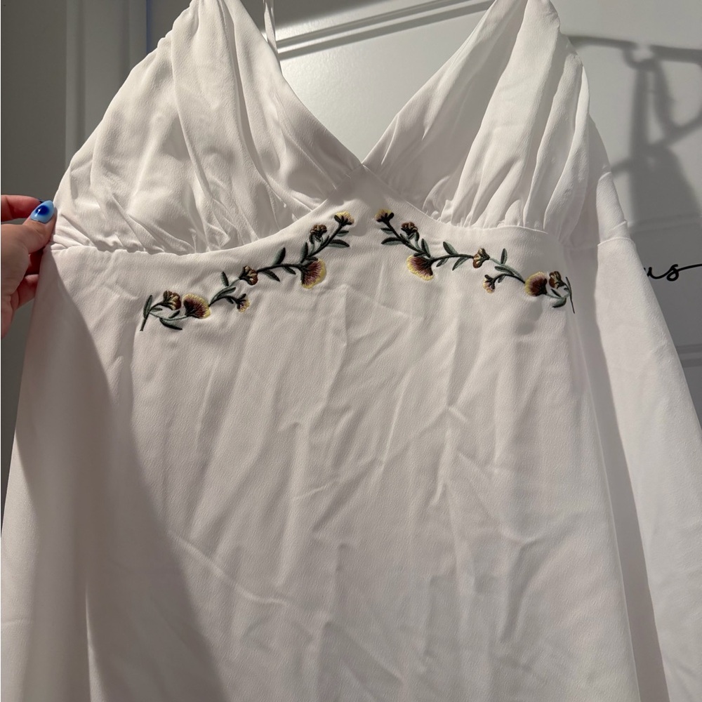 White V-Neck Embroidered Floral Mini Dress